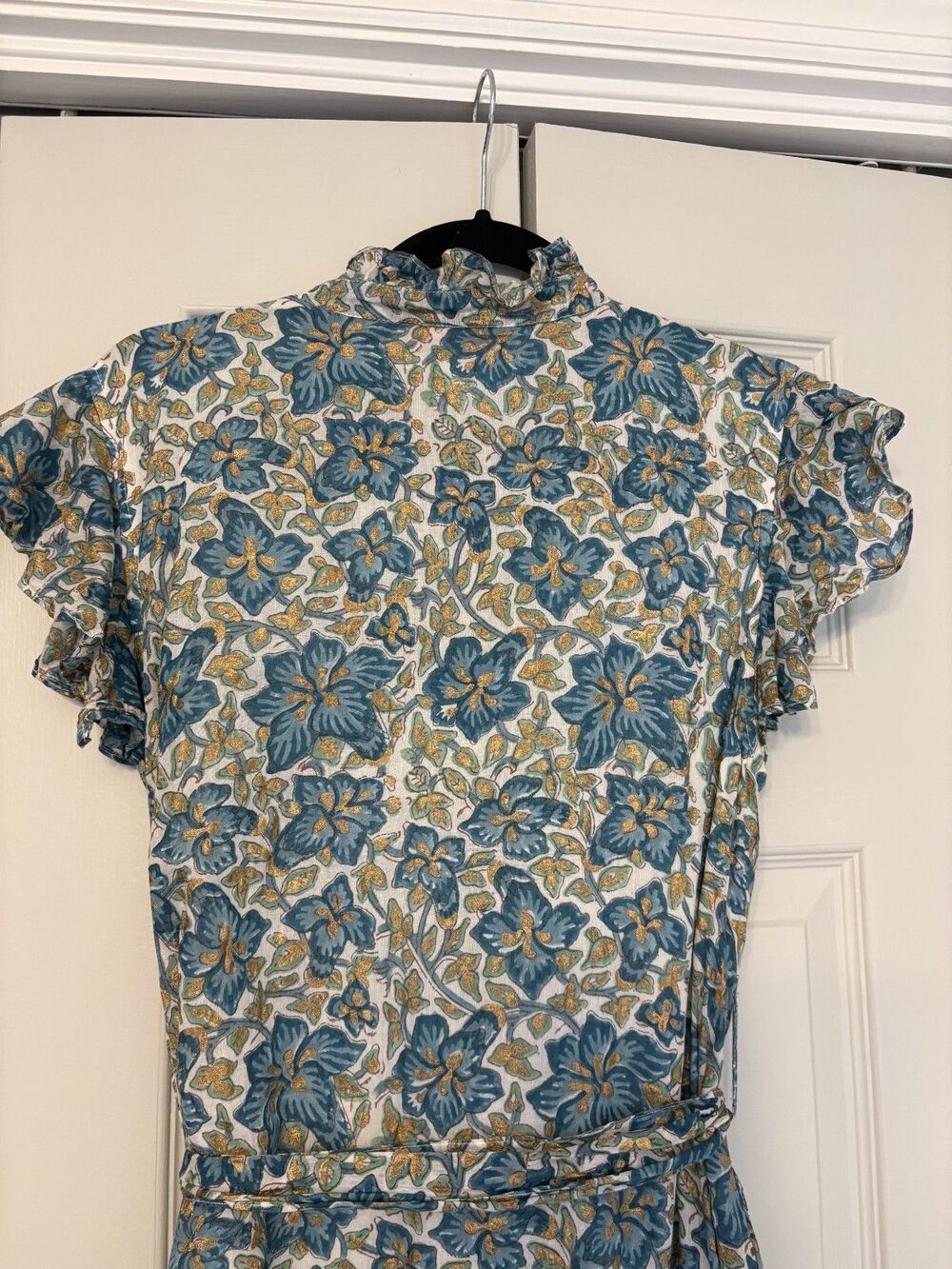 Oliphant Ruffle Collar Button Maxi Dress Size M Ivy Blue/Gold - Picture 9 of 10